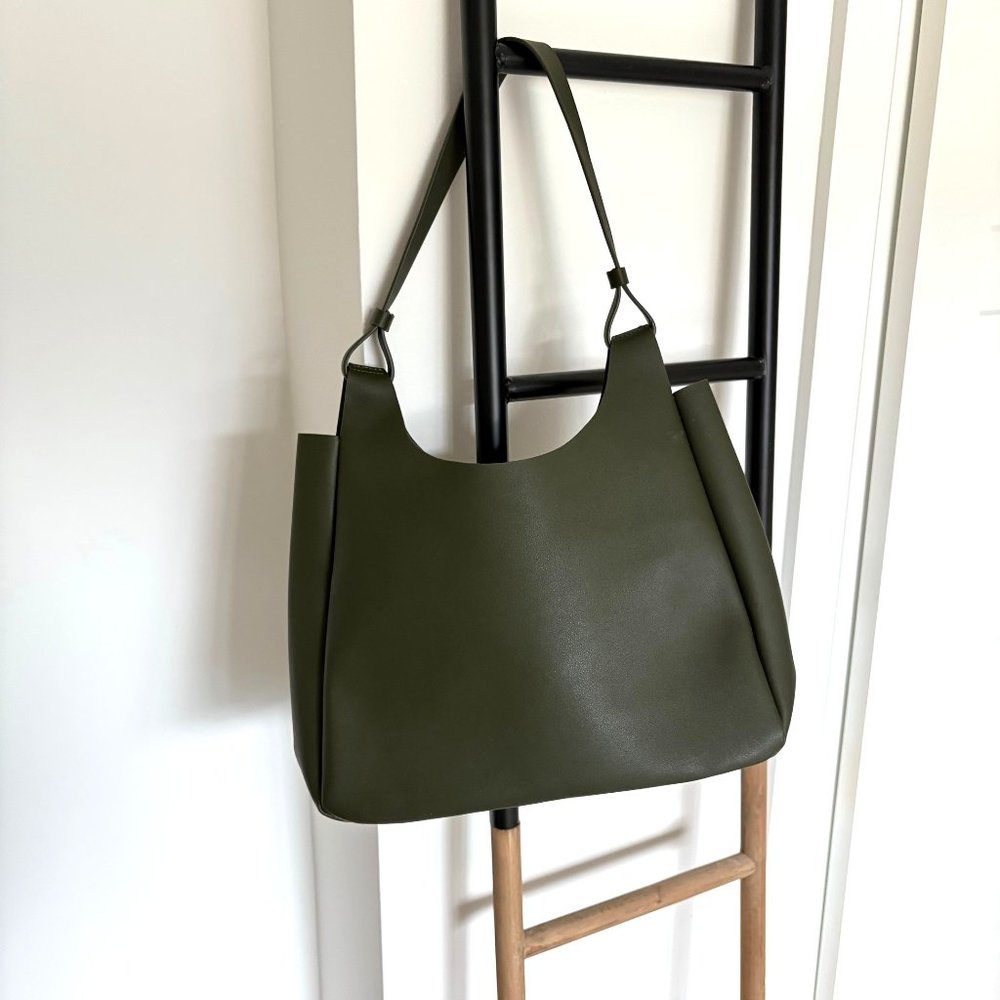 NWOT Neiman Marcus Olive Green Vegan Faux Leather Large Shoulder Tote Bag Purse